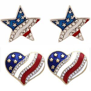 American Flag Earrings Set Star Heart Shaped Enamel Rhinestone Stud Earrings